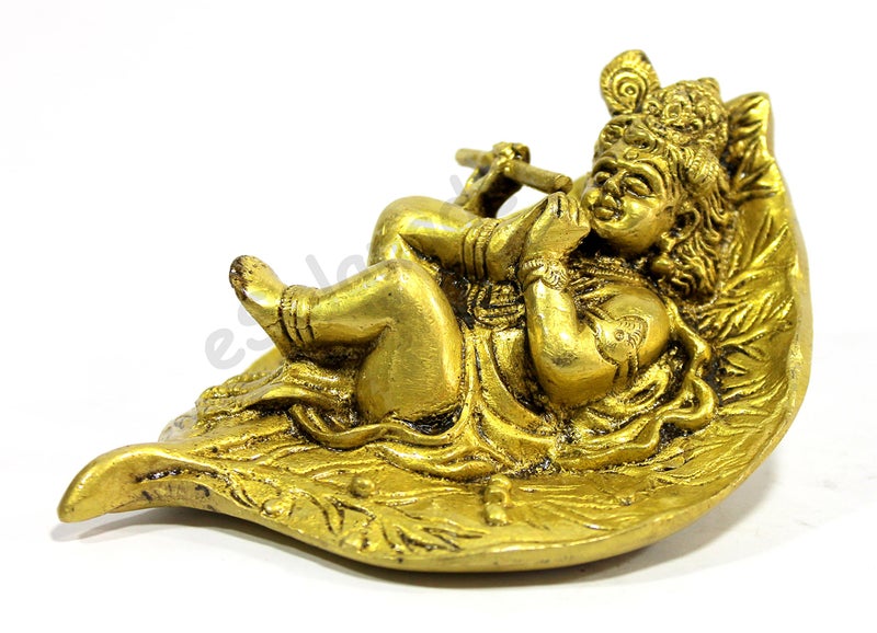 ESPLANADE Brass Krishna Krishan Makhan Chor Laddoo Gopal Baby Kishan Thakurji Murti on Leaf Idol Statue Sculpture - Golden - 5.75" Inches - Image 4