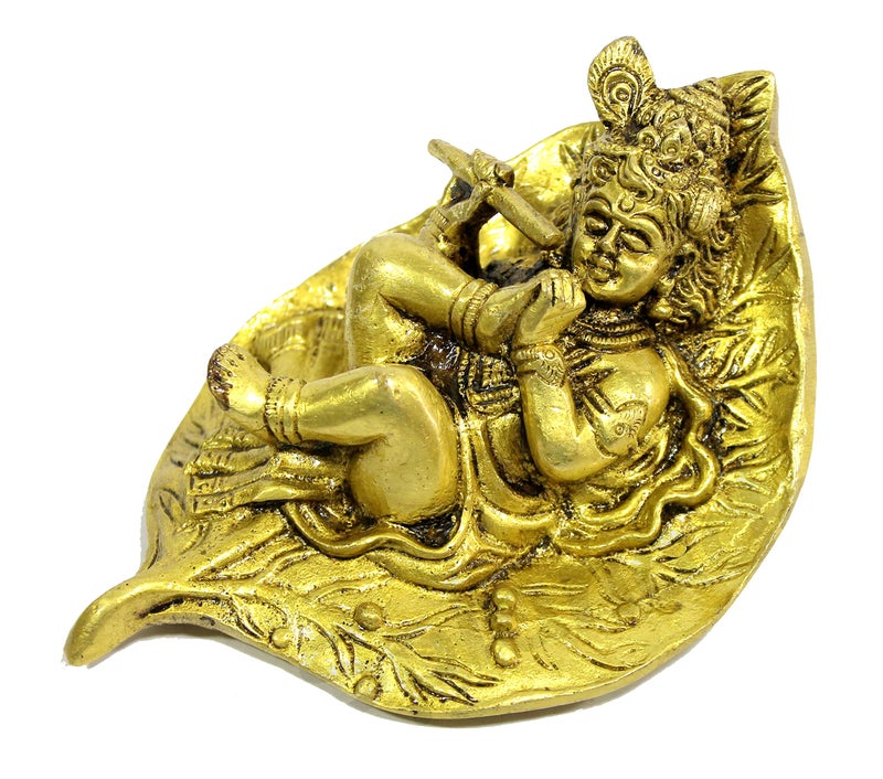 ESPLANADE Brass Krishna Krishan Makhan Chor Laddoo Gopal Baby Kishan Thakurji Murti on Leaf Idol Statue Sculpture - Golden - 5.75" Inches - Image 1