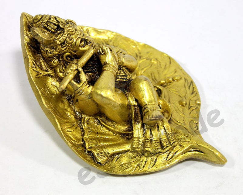 ESPLANADE Brass Krishna Krishan Makhan Chor Laddoo Gopal Baby Kishan Thakurji Murti on Leaf Idol Statue Sculpture - Golden - 5.75" Inches - Image 3