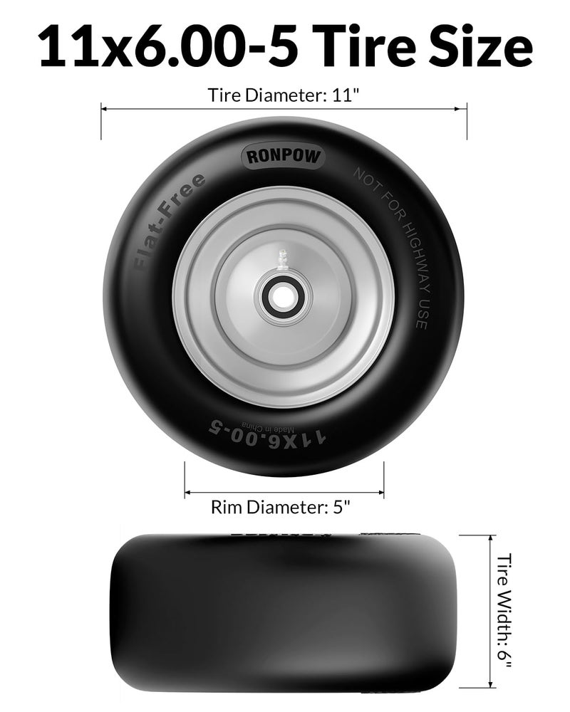 RONPOW 11x6.00-5 Flat Free Lawn Mower Tire and Wheel, 11x6x5 Solid Front Tires for Zero Turn Mower, 400Lbs Load, 3/4", 5/8" and 1/2" Bearings, 5.31"-7.71" Hub for Residential Commercial, 2Pack Gray - Image 2