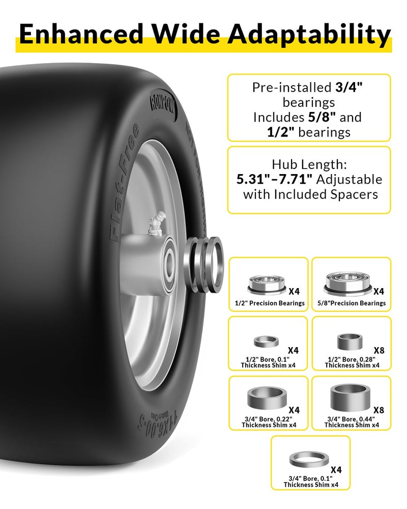 RONPOW 11x6.00-5 Flat Free Lawn Mower Tire and Wheel, 11x6x5 Solid Front Tires for Zero Turn Mower, 400Lbs Load, 3/4", 5/8" and 1/2" Bearings, 5.31"-7.71" Hub for Residential Commercial, 2Pack Gray - Image 5