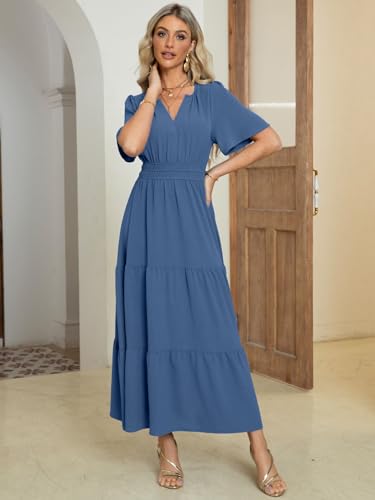 Amegoya Women's Summer Boho Maxi Dresses Casual V Neck Short Sleeve A-line Empire Waist Long Flowy Beach Dress (Blue L) - Image 2