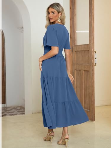 Amegoya Women's Summer Boho Maxi Dresses Casual V Neck Short Sleeve A-line Empire Waist Long Flowy Beach Dress (Blue L) - Image 5