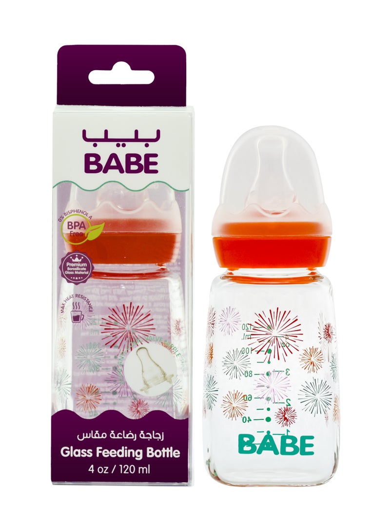 Babe baby Glass Feeding Bottle round Orange -120 ml ( 4 oz) - Image 1