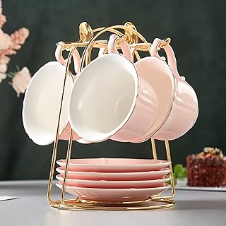 DUJUST Tea Cups and Saucers Set of 4 (8 OZ), Candy Pink Tea Cup Set with Golden Trim, Petal Edge Coffee Cups with Metal - Image 1