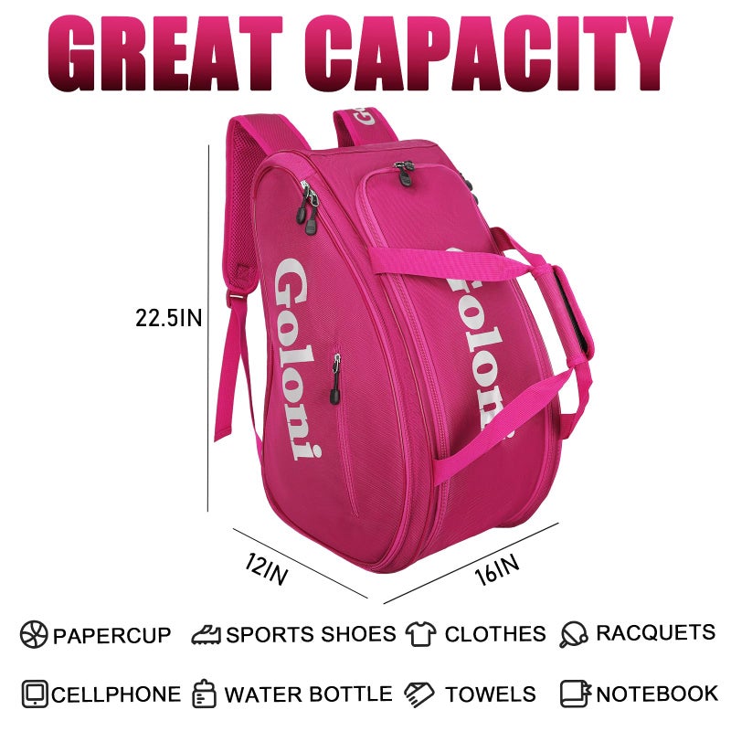 Goloni Pickleball Bag Padel Racket Backpack Large Capacity for Men Women Separate Waterproof Shoes Compartment Pickleball Accessories -Thermal Insulated Pockets Fits 4 to 10 Paddles - Image 2
