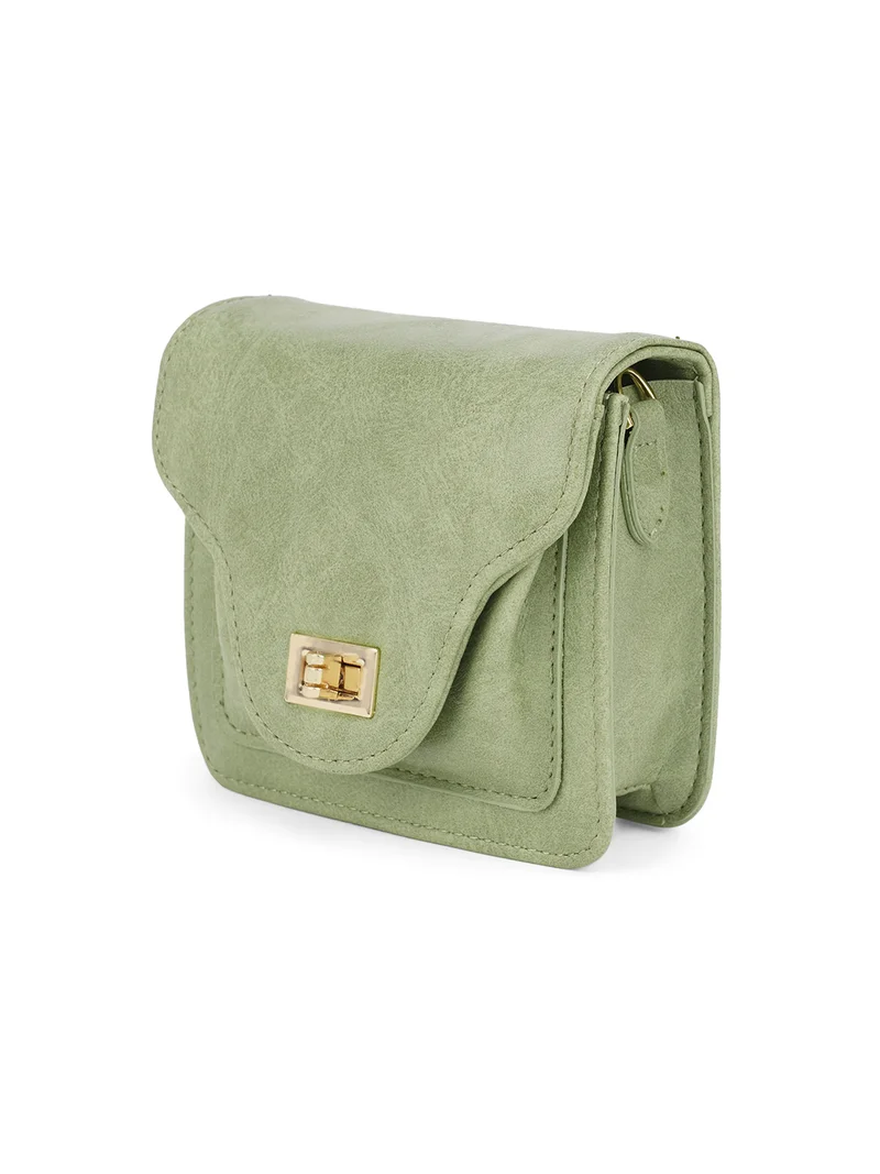 globus Globus Women Olive Textured Twistlock Small Square Party Sling Bag With Detachable Chain Strap