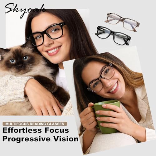 SKYOAK 2 Pack Trendy Progressive Multifocus Reading Glasses for Women Retro Rectangle Frame Anti UVEyestrain Computer Readers Stylish Spring Hinge Multifocal Glasses with Metal Core Wire 25x - Image 3