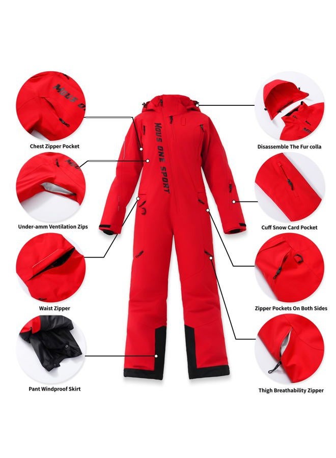 MOUS ONE Women One Pieces Ski Suits Waterproof Warm Insulated Ski Jumpsuit Removable Hood Snowsuit for Snow Sport, Red, L - Image 5