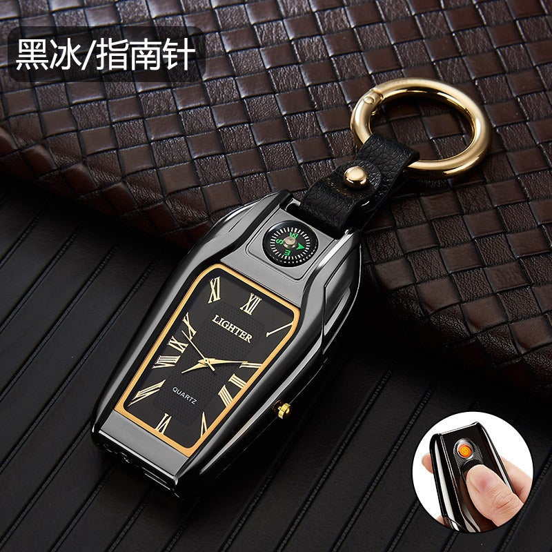 Car Keychain with Charging Pendant High-Quality Leather Accessory - Built-in Flashlight Creative Watch Windproof Design for Daily Use