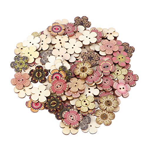 POPETPOP 100 Pcs Wooden Flower Shaped Buttons for Crafts : 2 Hole Decorative Buttons for DIY Craft Sewing Scrapbooking, Random Color Patterns, 0.79 X 0.79 X 0.04 Inch - Image 1