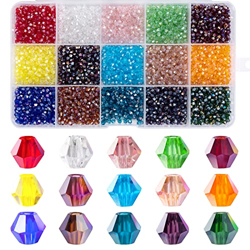 MissAudrey 3750pcs 3mm Bicone Crystal Beads for Jewelry Making Wholesale Faceted Bicone Glass Beads for DIY Bracelets Necklaces Earrings Suncatcher Craft Beading with Container Box AB Colors