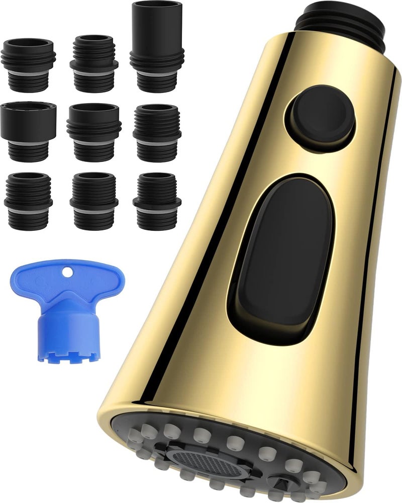 Hibbent 3-Function Pull Down Kitchen Faucet Head Replacement with 12 Adapters, NSF/ANSI/CAN 61 & CUPC Certified Sink Spray Nozzle, Compatible with Moen, Delta, Kohler Faucets, Polished Brass - Image 1