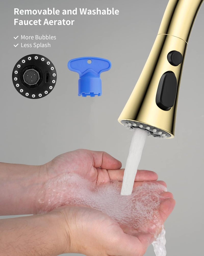 Hibbent 3-Function Pull Down Kitchen Faucet Head Replacement with 12 Adapters, NSF/ANSI/CAN 61 & CUPC Certified Sink Spray Nozzle, Compatible with Moen, Delta, Kohler Faucets, Polished Brass - Image 2
