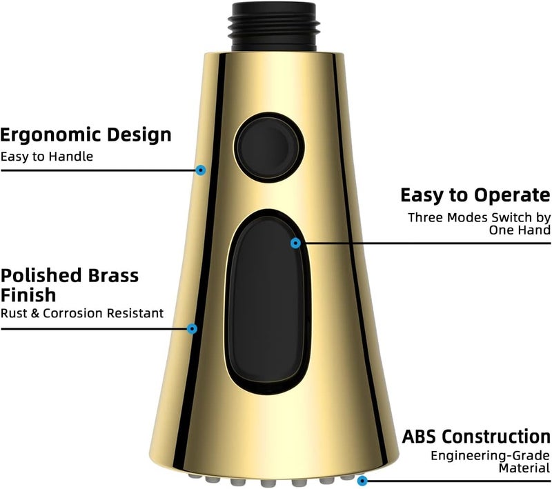 Hibbent 3-Function Pull Down Kitchen Faucet Head Replacement with 12 Adapters, NSF/ANSI/CAN 61 & CUPC Certified Sink Spray Nozzle, Compatible with Moen, Delta, Kohler Faucets, Polished Brass - Image 3
