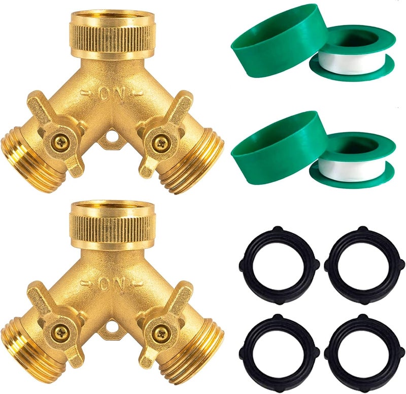 Hourleey Brass Garden Hose Splitter (2 Way), Solid Brass Hose Y Splitter 2 Valves with 2 Extra Rubber Washers (2 Pack) - Image 1