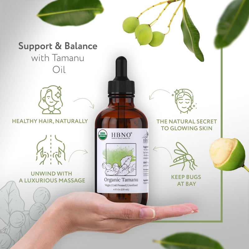 HBNO California Bottled Organic Tamanu Oil 4 oz (120ml) Value Size - USDA Certified Organic Tamanu Oil, Cold Pressed Carrier Oil for Face, Body, Lips, Nails, Shampoo & Conditioner - Image 2
