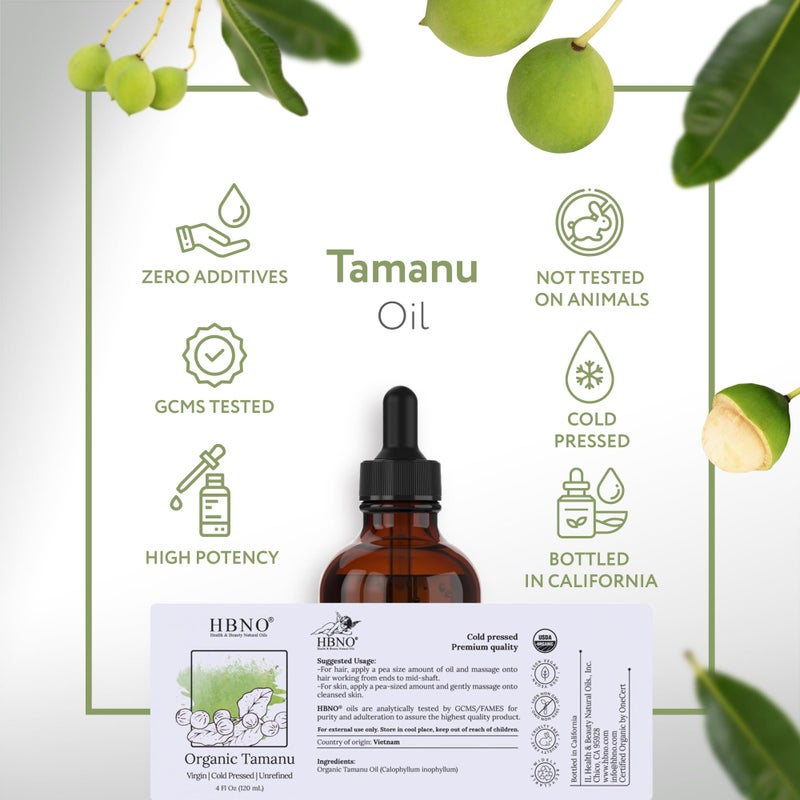 HBNO California Bottled Organic Tamanu Oil 4 oz (120ml) Value Size - USDA Certified Organic Tamanu Oil, Cold Pressed Carrier Oil for Face, Body, Lips, Nails, Shampoo & Conditioner - Image 4