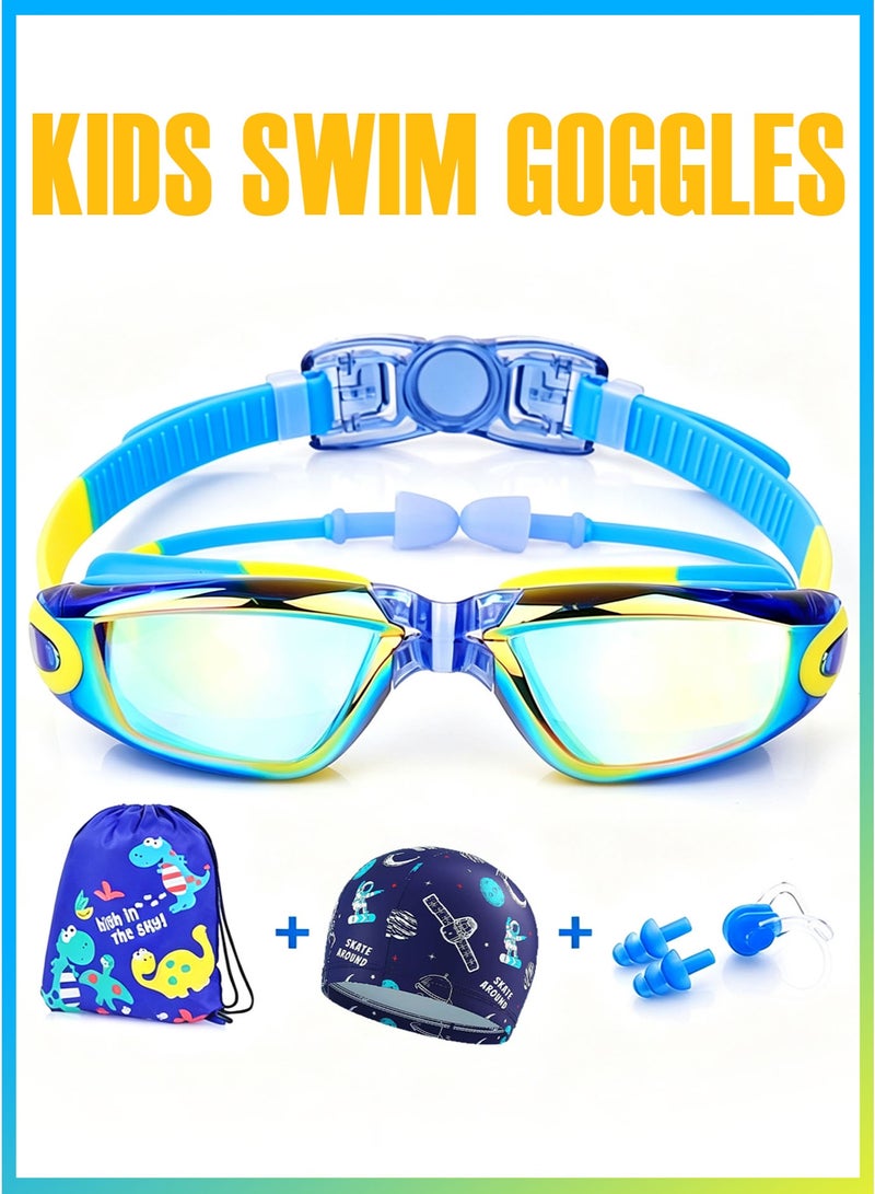 Swim Goggles Kids Swimming Goggles for Boys and Girls, Adjustable Straps, Silicone Eye Seal, Leak proof UV Protection and Anti Fog Lenses Swimming Goggles with Ear Plug Nose Clip