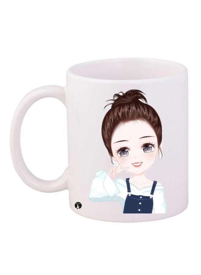 RYN Cartoon Girl Printed Coffee Mug White/Beige/Brown 11ounce