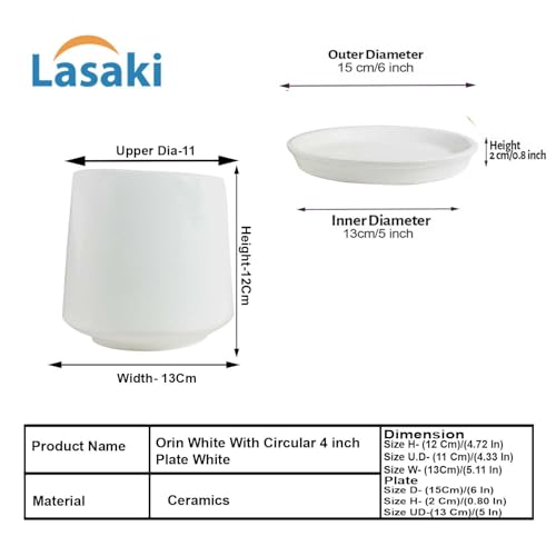 Lasaki Clara White Ceramic Planter with White (4-inch) Tray | Indoor & Outdoor Flower Pot | Decorative Balcony, Home, Garden & Office Succulent Gamla (Pot: 12.5×13 cm, Tray: 2×13 cm) - Image 2