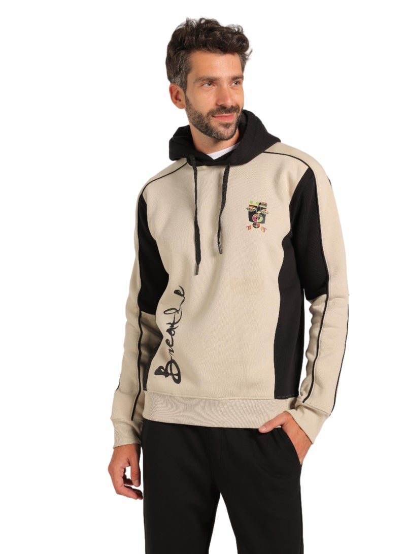 REDCOTTON Men’s Beige and Black Milton Hoodie – Stylish Fleece-Lined Sweatshirt with “Breathe” Print - Image 1