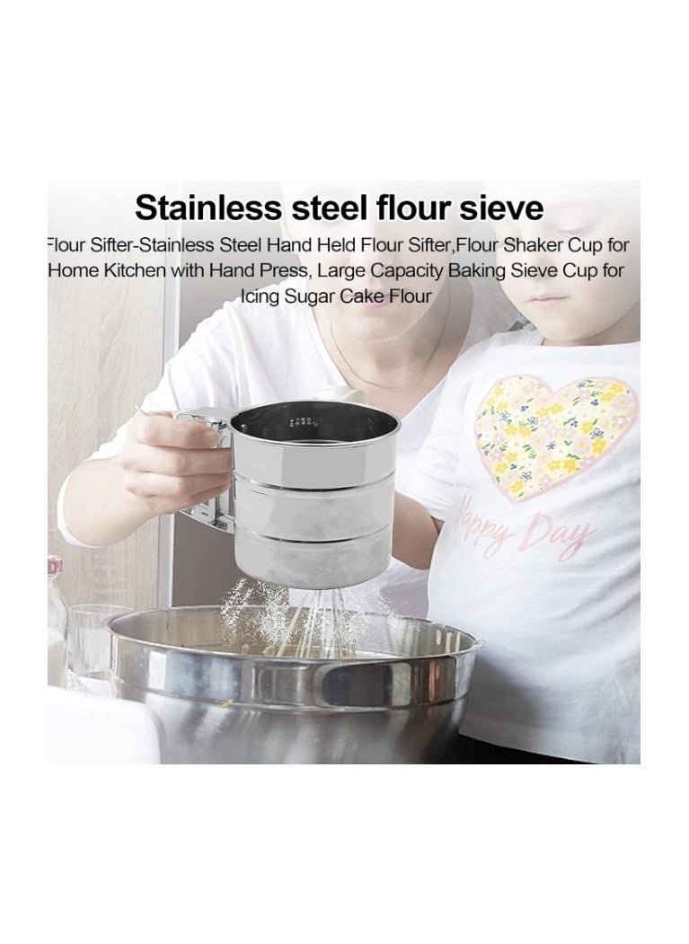 Generic - "Stainless Steel Flour Sifter with Measurement for Sugar and Flour, Fine Mesh Strainers for Food with Handle, Double Layer Bread Sifter, One-Handed Crank Pressure Sifter, Flour Sifter for Baking, Round Fine Mesh Strainers, One-Handed Pressure Design from Stainless Steel, Multi-Purpose Fine Mesh Strainers, Large Capacity Flour Sifter Cup for Baking and Kitchen." - Image 1