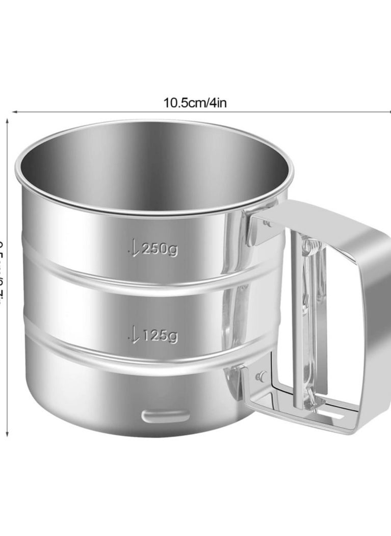 Generic - "Stainless Steel Flour Sifter with Measurement for Sugar and Flour, Fine Mesh Strainers for Food with Handle, Double Layer Bread Sifter, One-Handed Crank Pressure Sifter, Flour Sifter for Baking, Round Fine Mesh Strainers, One-Handed Pressure Design from Stainless Steel, Multi-Purpose Fine Mesh Strainers, Large Capacity Flour Sifter Cup for Baking and Kitchen." - Image 1