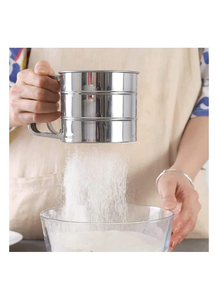 Generic - "Stainless Steel Flour Sifter with Measurement for Sugar and Flour, Fine Mesh Strainers for Food with Handle, Double Layer Bread Sifter, One-Handed Crank Pressure Sifter, Flour Sifter for Baking, Round Fine Mesh Strainers, One-Handed Pressure Design from Stainless Steel, Multi-Purpose Fine Mesh Strainers, Large Capacity Flour Sifter Cup for Baking and Kitchen." - Image 1