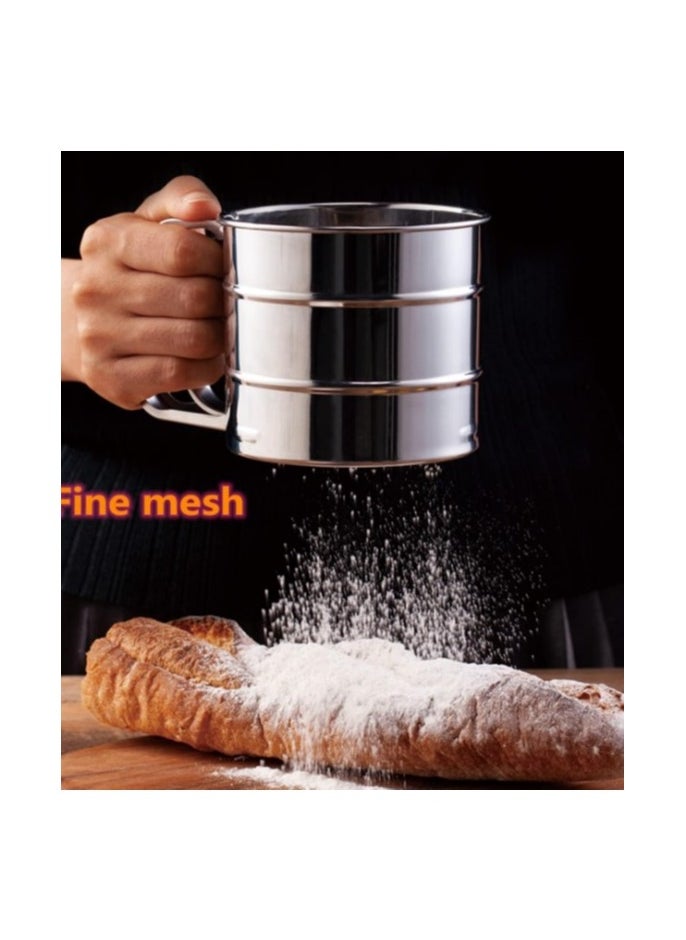 Generic - "Stainless Steel Flour Sifter with Measurement for Sugar and Flour, Fine Mesh Strainers for Food with Handle, Double Layer Bread Sifter, One-Handed Crank Pressure Sifter, Flour Sifter for Baking, Round Fine Mesh Strainers, One-Handed Pressure Design from Stainless Steel, Multi-Purpose Fine Mesh Strainers, Large Capacity Flour Sifter Cup for Baking and Kitchen." - Image 1