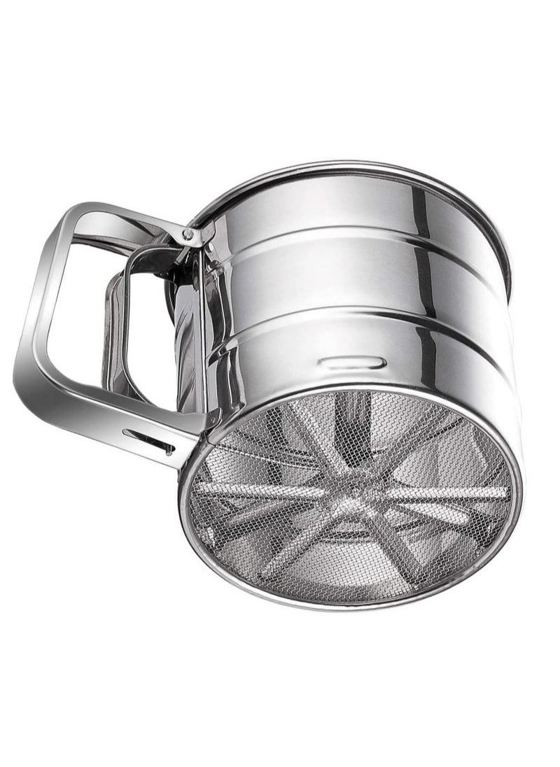Generic - "Stainless Steel Flour Sifter with Measurement for Sugar and Flour, Fine Mesh Strainers for Food with Handle, Double Layer Bread Sifter, One-Handed Crank Pressure Sifter, Flour Sifter for Baking, Round Fine Mesh Strainers, One-Handed Pressure Design from Stainless Steel, Multi-Purpose Fine Mesh Strainers, Large Capacity Flour Sifter Cup for Baking and Kitchen." - Image 1
