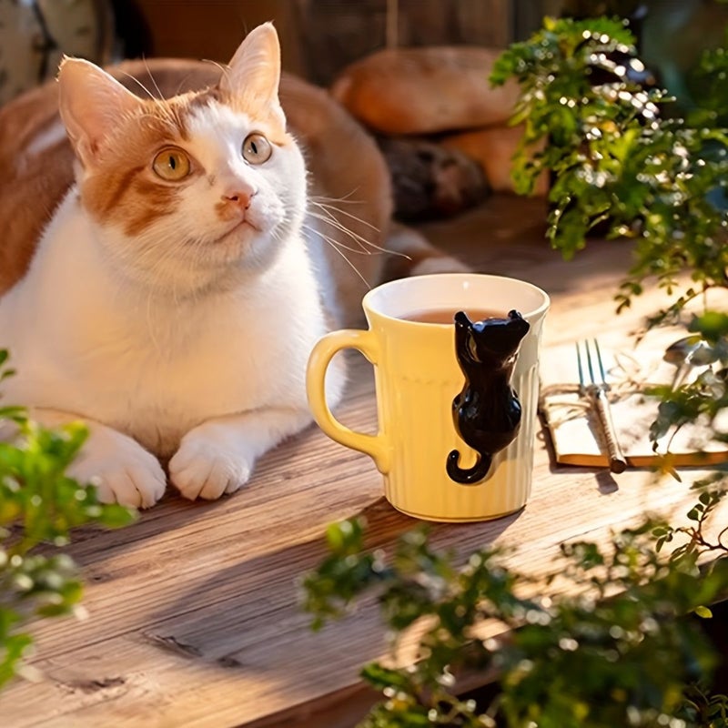 Hand Painted Hanging Cat Ceramic Cup Yellow Embossed Mug Creative Valentines Day Couple Cup Suitable For Coffee Tea 11 83oz - Image 2