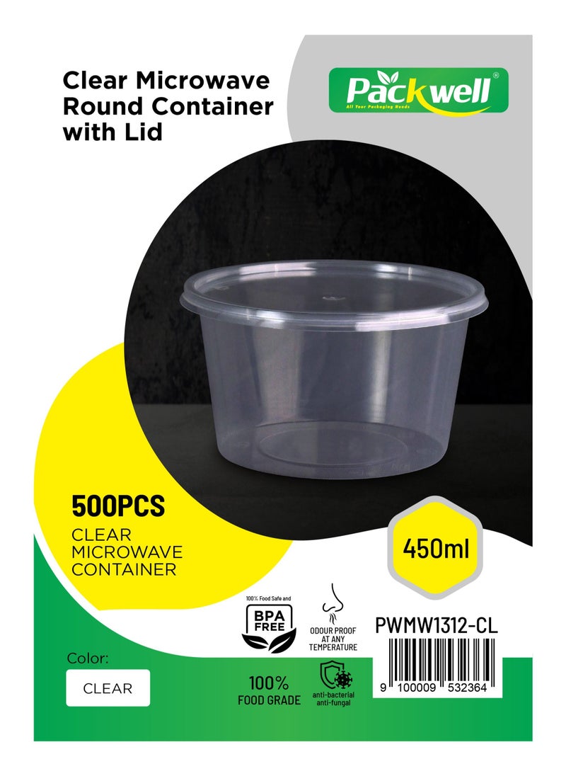 Microwave Container with Lid- PWMW1312-CL| 450 ML, Round Shaped, Pack of 500| Premium-Quality, BPA-Free, Foodgrade and Hygienic| Perfect for Packing, Storing, Etc| Clear
