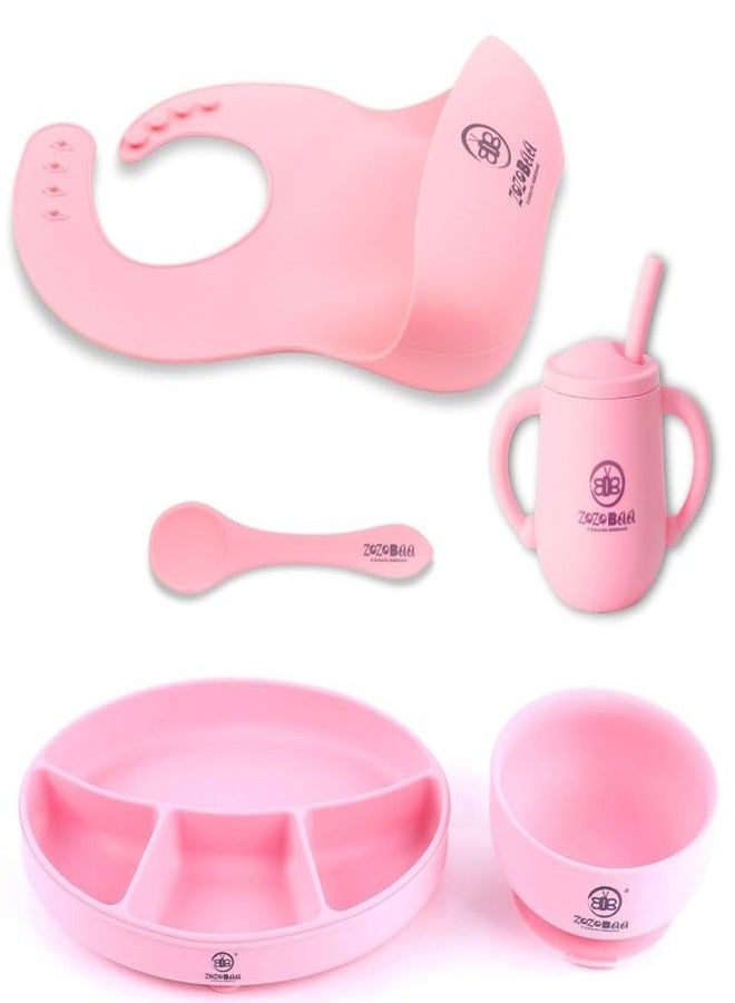 ZoZoBaa Silicone Feeding Set Including Baby Bib,Long Spoon, Straw Training Cup, Suction Base Oval Plate & Bowl for Toddler |Solid Cutlery Set | Easy Wipe Clean| Baby Weaning Sets (5 Pc), [Pink] - Image 1