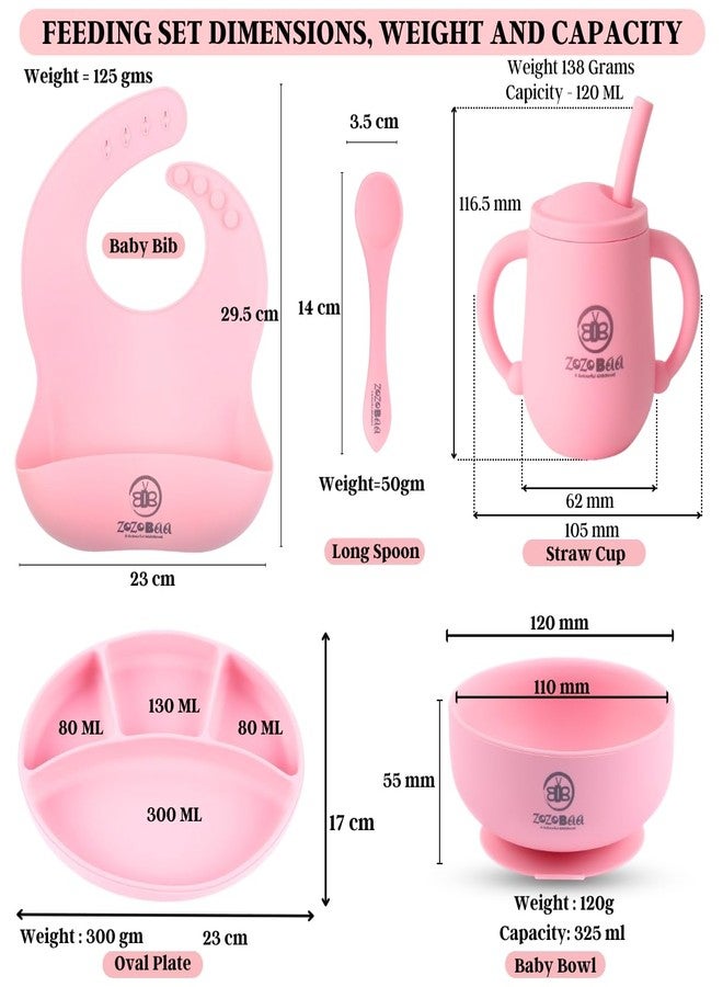 ZoZoBaa Silicone Feeding Set Including Baby Bib,Long Spoon, Straw Training Cup, Suction Base Oval Plate & Bowl for Toddler |Solid Cutlery Set | Easy Wipe Clean| Baby Weaning Sets (5 Pc), [Pink] - Image 2