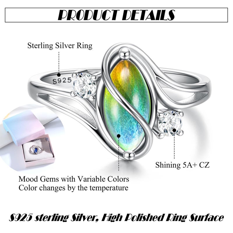ADRAMATA 925 Sterling Silver Rings for Women Mood Ring Color Change Cubic Zirconia Accents Ring 18K Gold Plated Oval Solitaire Statement Silver Rings Jewelry - Image 3