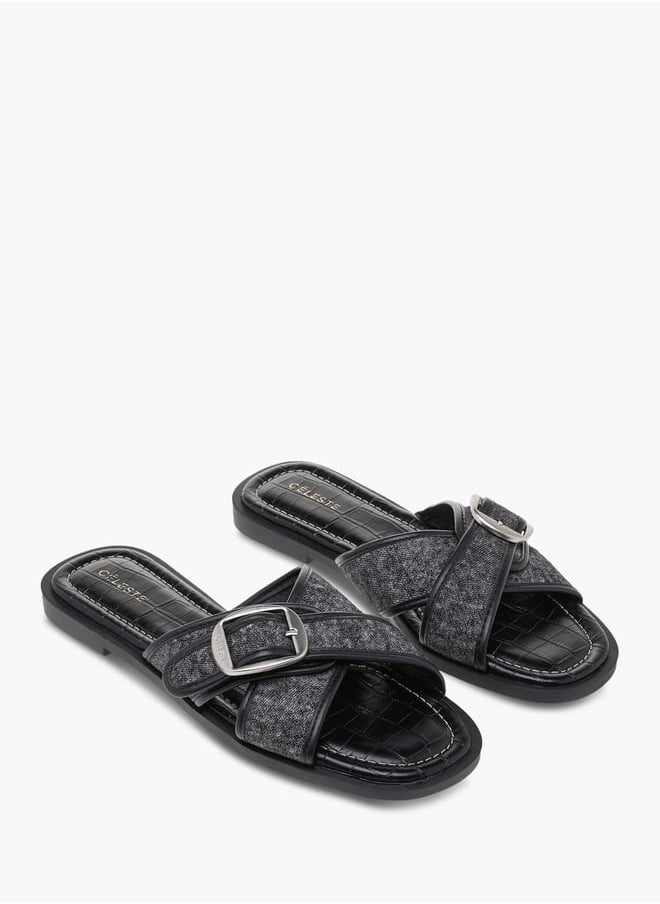 Celeste Women's Textured Slip-On Cross Strap Flat Sandals with Buckle Accent  - Image 1