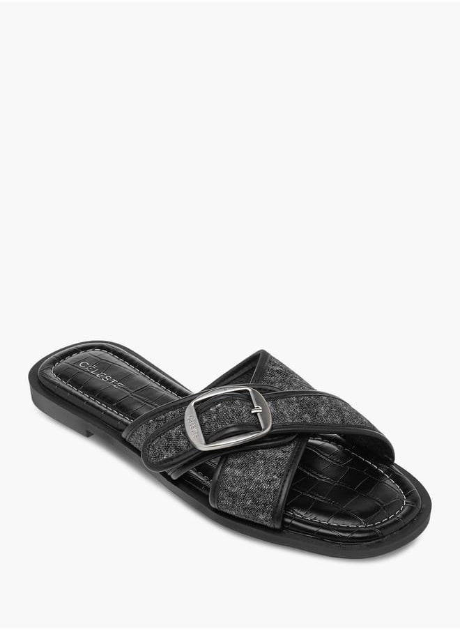 Celeste Women's Textured Slip-On Cross Strap Flat Sandals with Buckle Accent  - Image 2