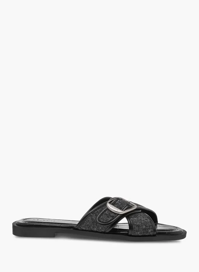Women's Textured Slip-On Cross Strap Flat Sandals with Buckle Accent