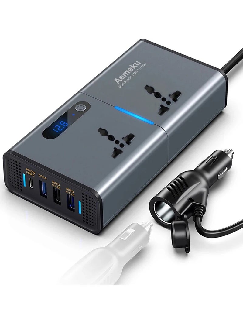 Aemeku 200W Car Power Inverter DC 12V To 110V AC Converter With PD 30W USB-C QC3.0 Dual USB Ports Dual AC Outlets For Laptop Car Plug Adapter Car Power Inverter Car Charger Fast Charger LED Display  - Image 1