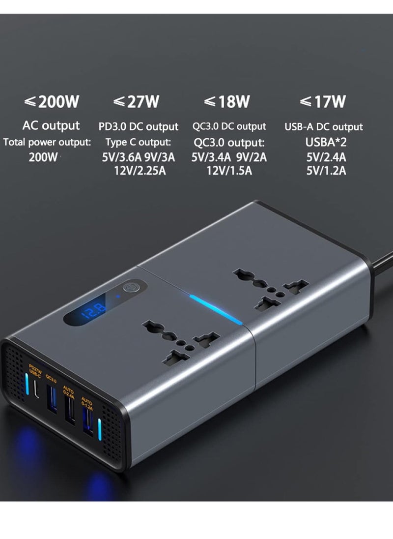 Aemeku 200W Car Power Inverter DC 12V To 110V AC Converter With PD 30W USB-C QC3.0 Dual USB Ports Dual AC Outlets For Laptop Car Plug Adapter Car Power Inverter Car Charger Fast Charger LED Display  - Image 5