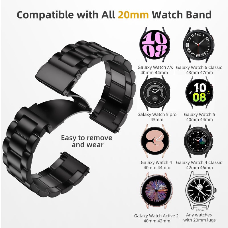 Lerobo Compatible with Samsung Galaxy Watch 8 7 6 5 4 Band 44mm 40mm/Galaxy Watch 6 4 Classic Band 43mm 47mm 46mm 42mm/Active 2 40mm 44mm, 20mm Stainless Steel Metal Replacement Men Women - Image 2
