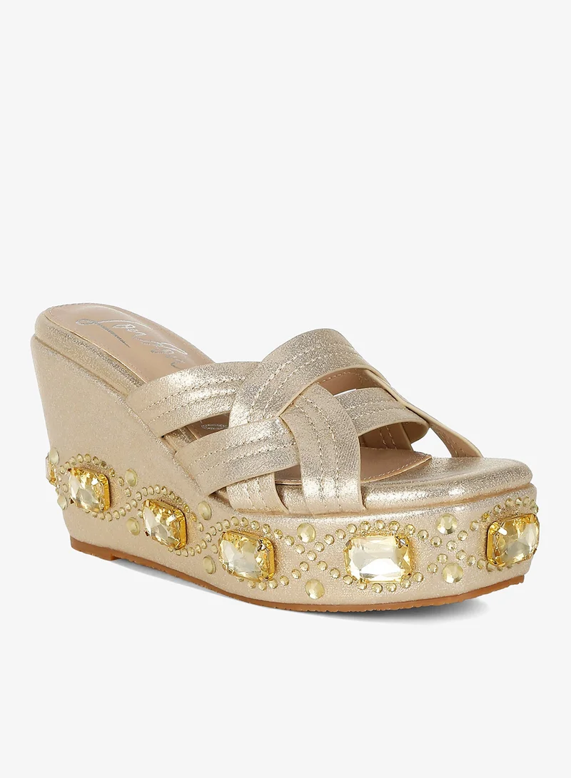 London Rag gold Chunky Diamante & Rhinestone Cut-Out Sandals in Gold for Women | Best Price UAE