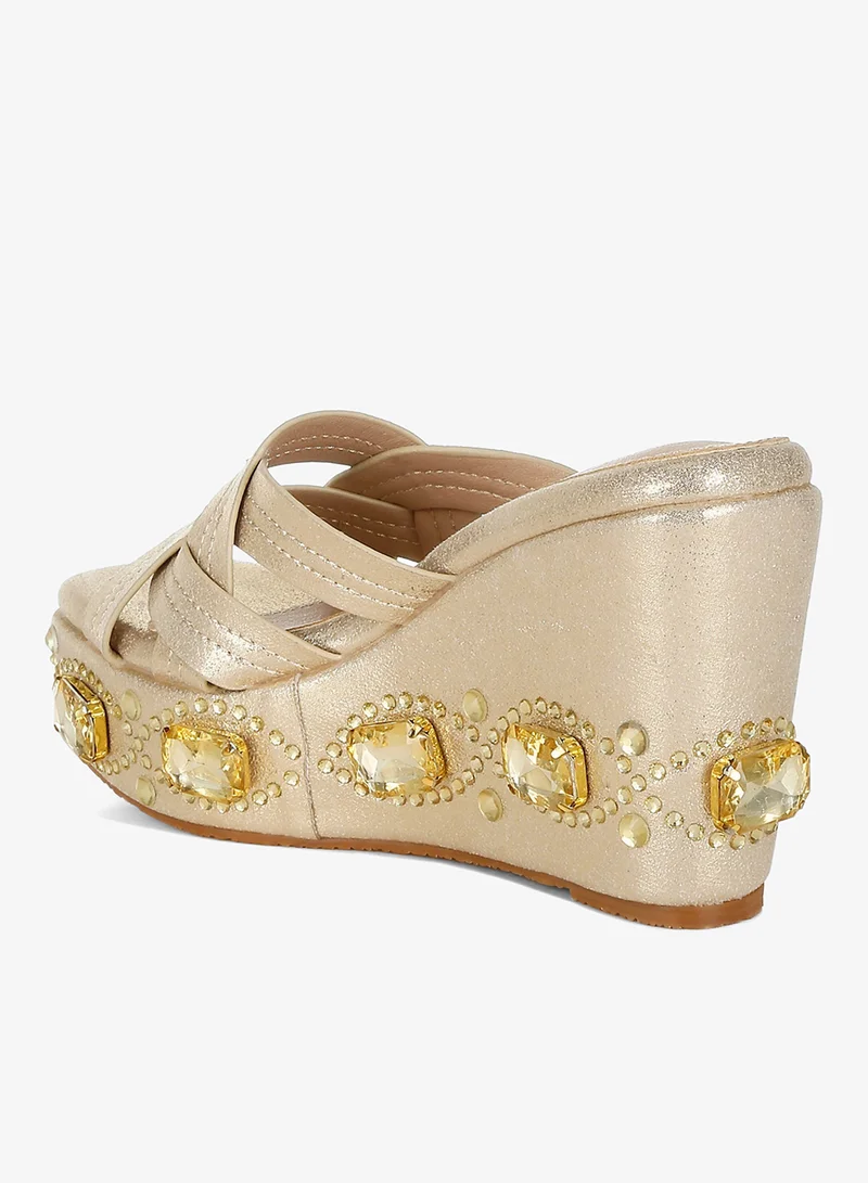 London Rag gold Chunky Diamante & Rhinestone Cut-Out Sandals in Gold for Women | Best Price UAE