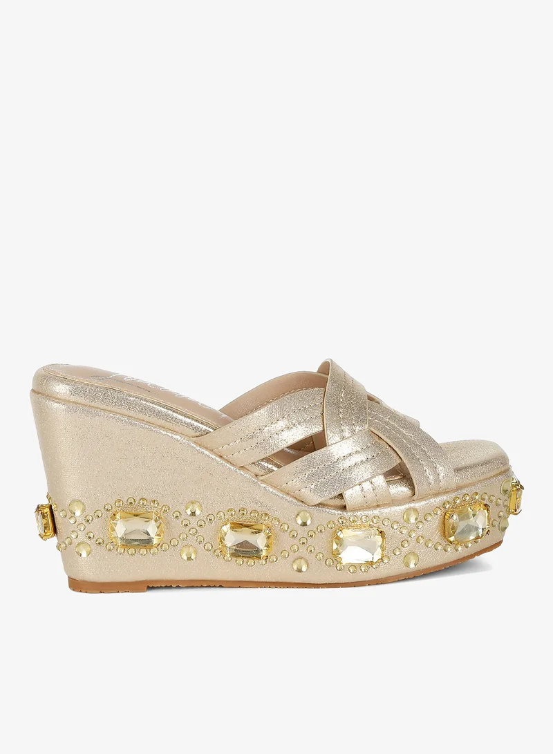 Chunky Diamante & Rhinestone Cut-Out Sandals in Gold