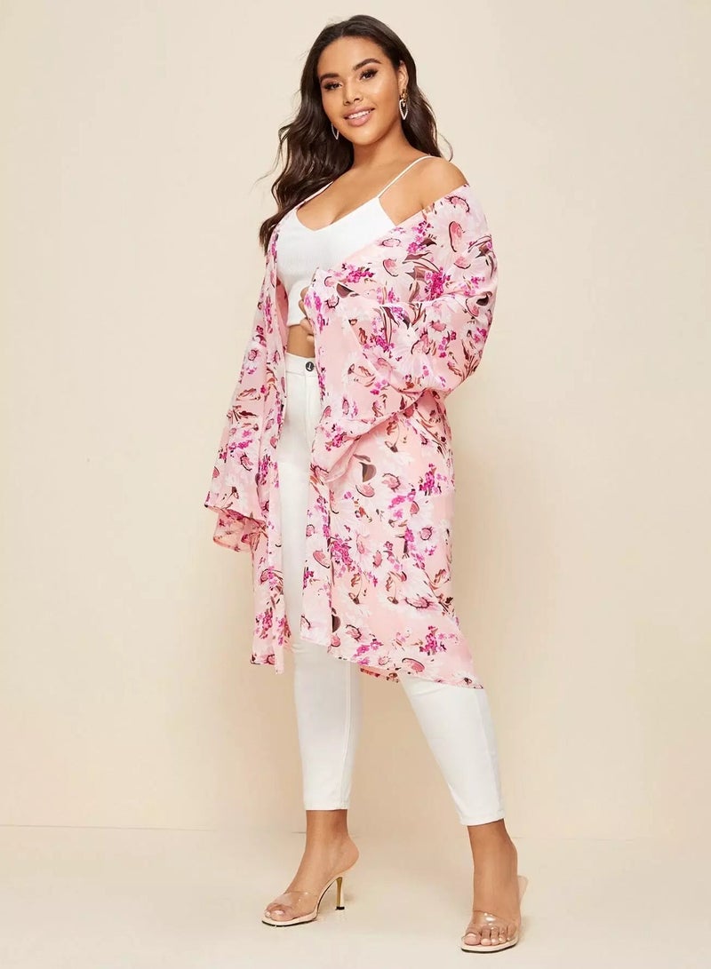 Plus Floral Print Bell Sleeve Kimono - Image 1