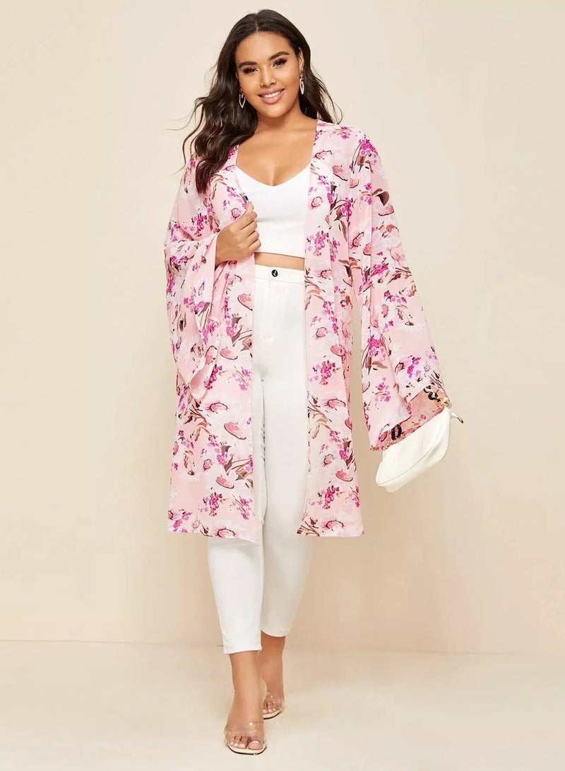 Plus Floral Print Bell Sleeve Kimono - Image 3