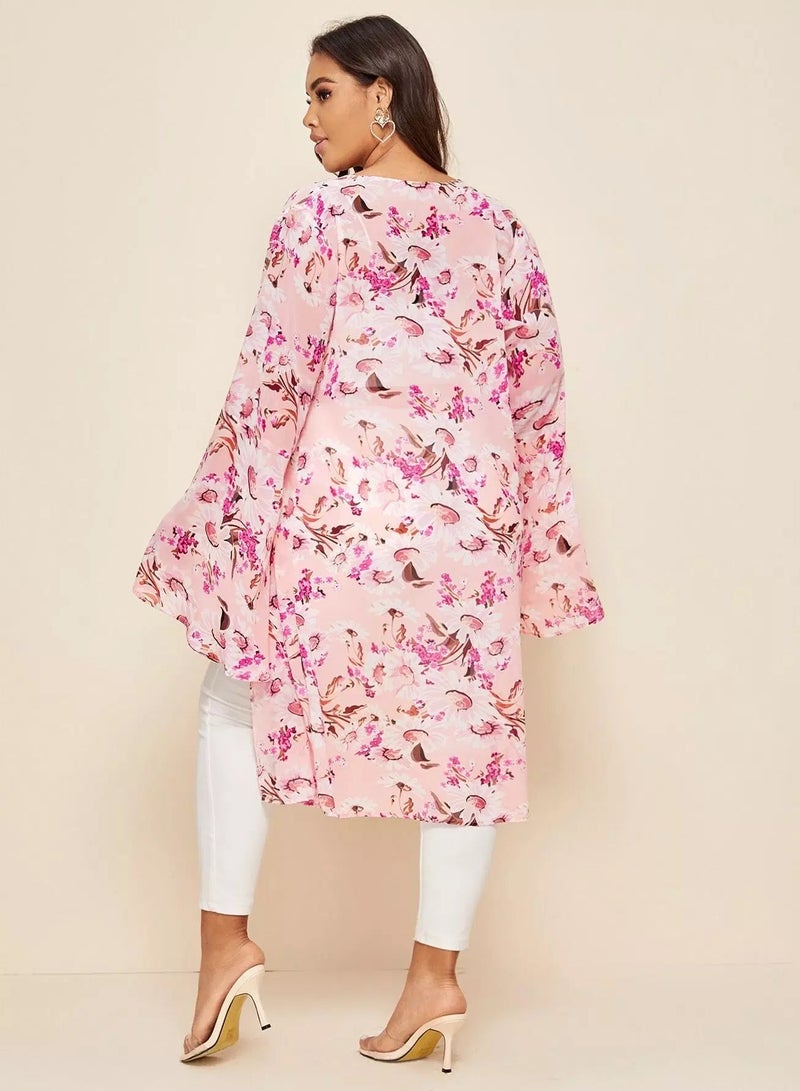 Plus Floral Print Bell Sleeve Kimono - Image 2