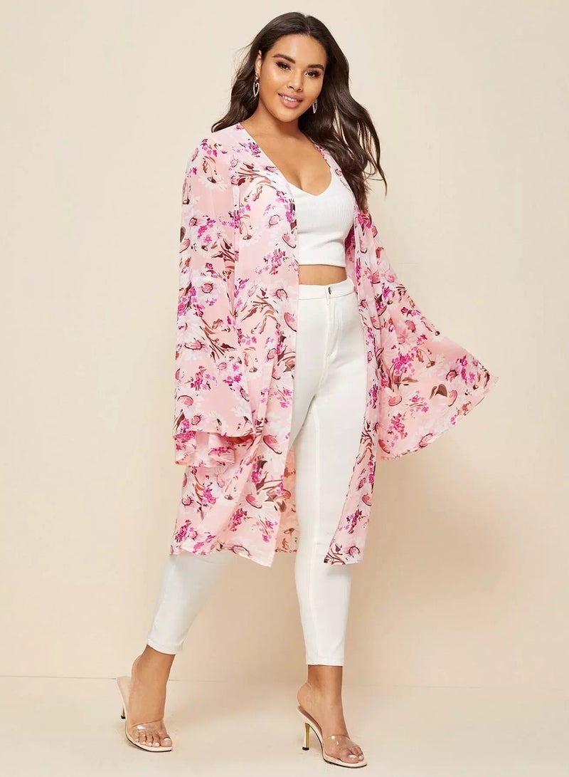 Plus Floral Print Bell Sleeve Kimono - Image 4