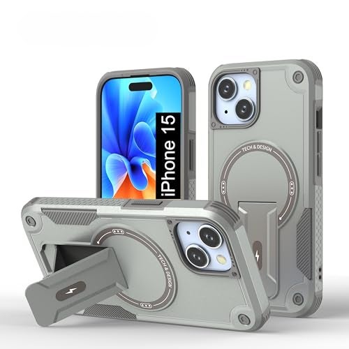 US LITE Back Cover for iPhone 15 with Portable Kickstand | Mag-Safe Compatible Magnetic Case | Shockproof Military Grade Protection | Extreme Protection Phone Cover – Grey - Image 1